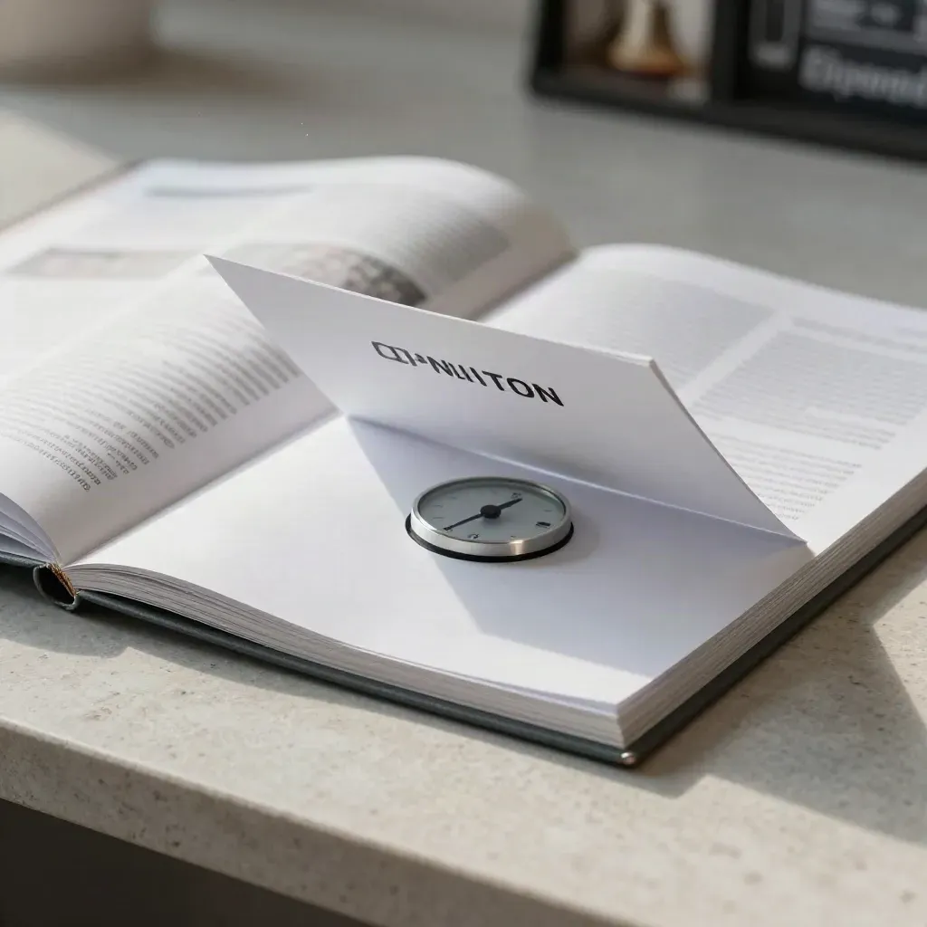 Market briefing folio with timer disc and divider card hovering over pale stone.
