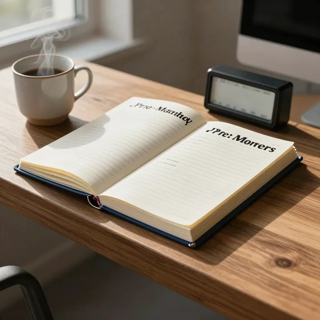 Open market briefing packet on brushed wood beside cup and timer block, with steam and navy accent