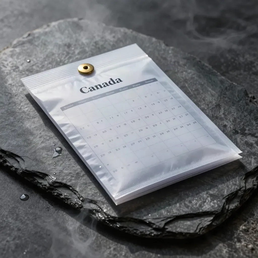 Translucent earnings packet on wet slate with brass detail and misty light