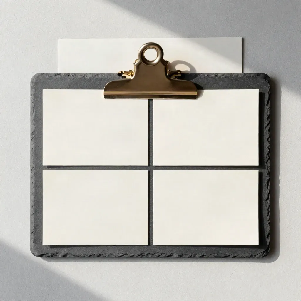 Overhead finance briefing packet with inserts, metal clip and tray on sanded plaster.