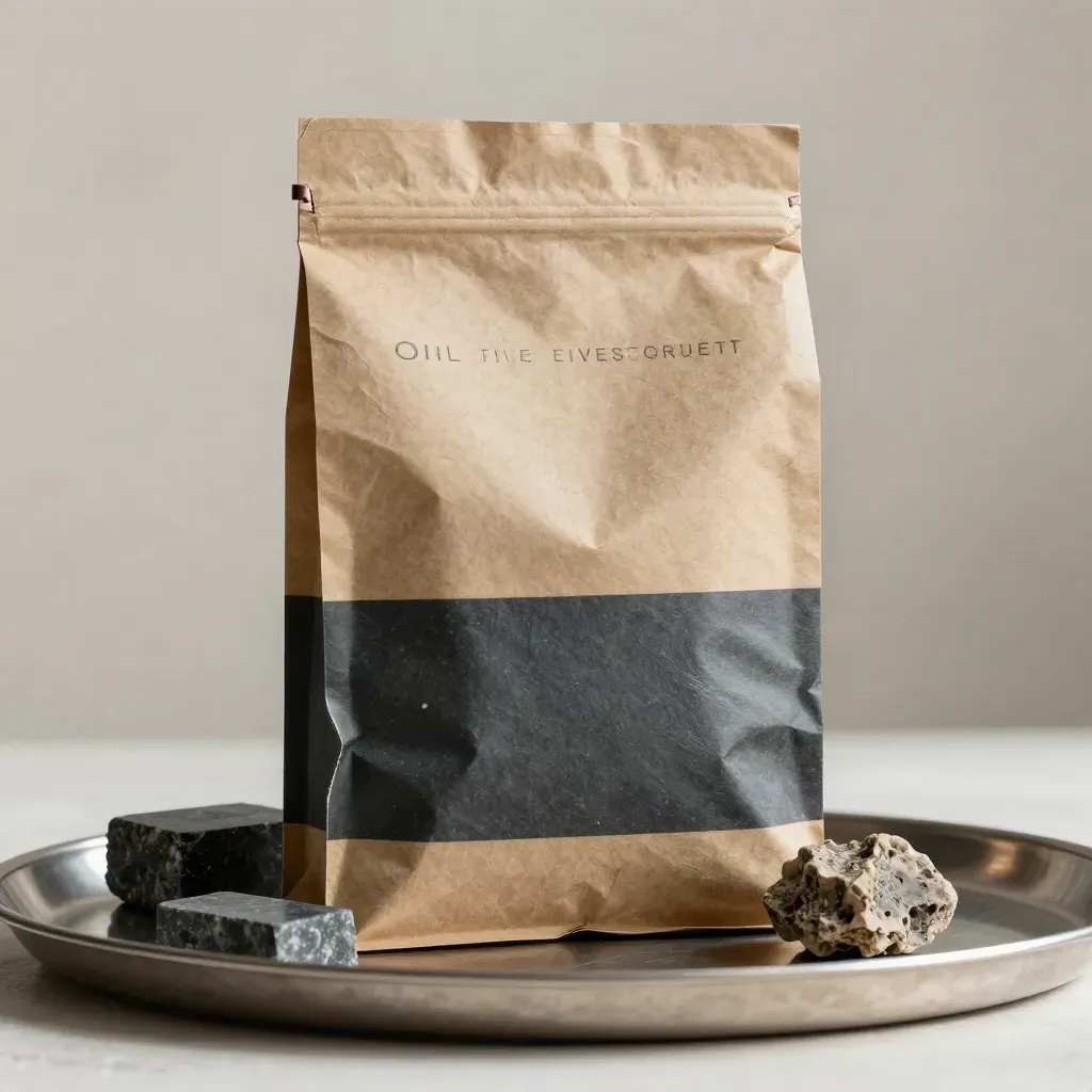 Kraft-wrapped oil and energy briefing packet on a brushed tray with slate props against plaster.