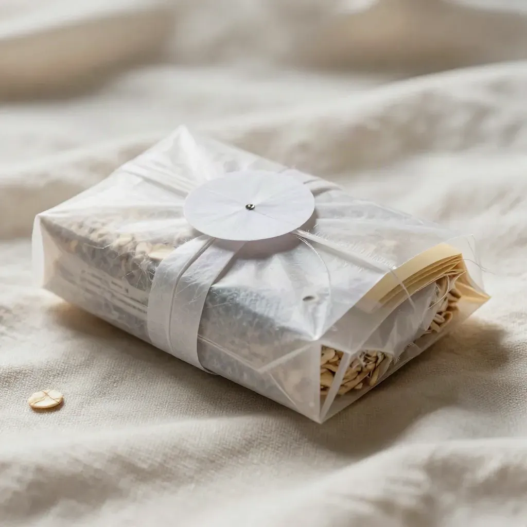 Macro of a translucent briefing bundle half-buried in linen folds, lit by a raking side light.