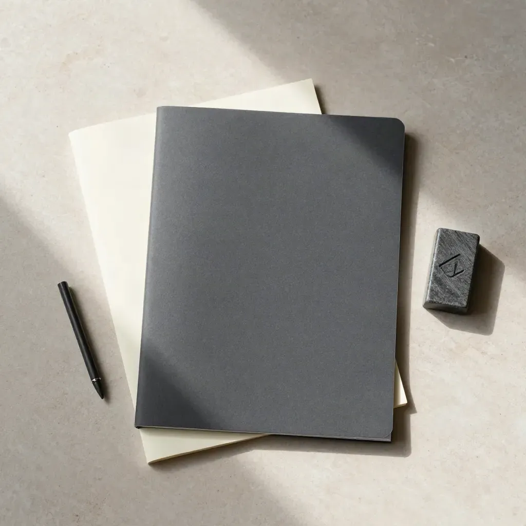 Overhead flatlay of a charcoal analyst folio, notelets, graphite stub, and stone paperweight on pale limestone.