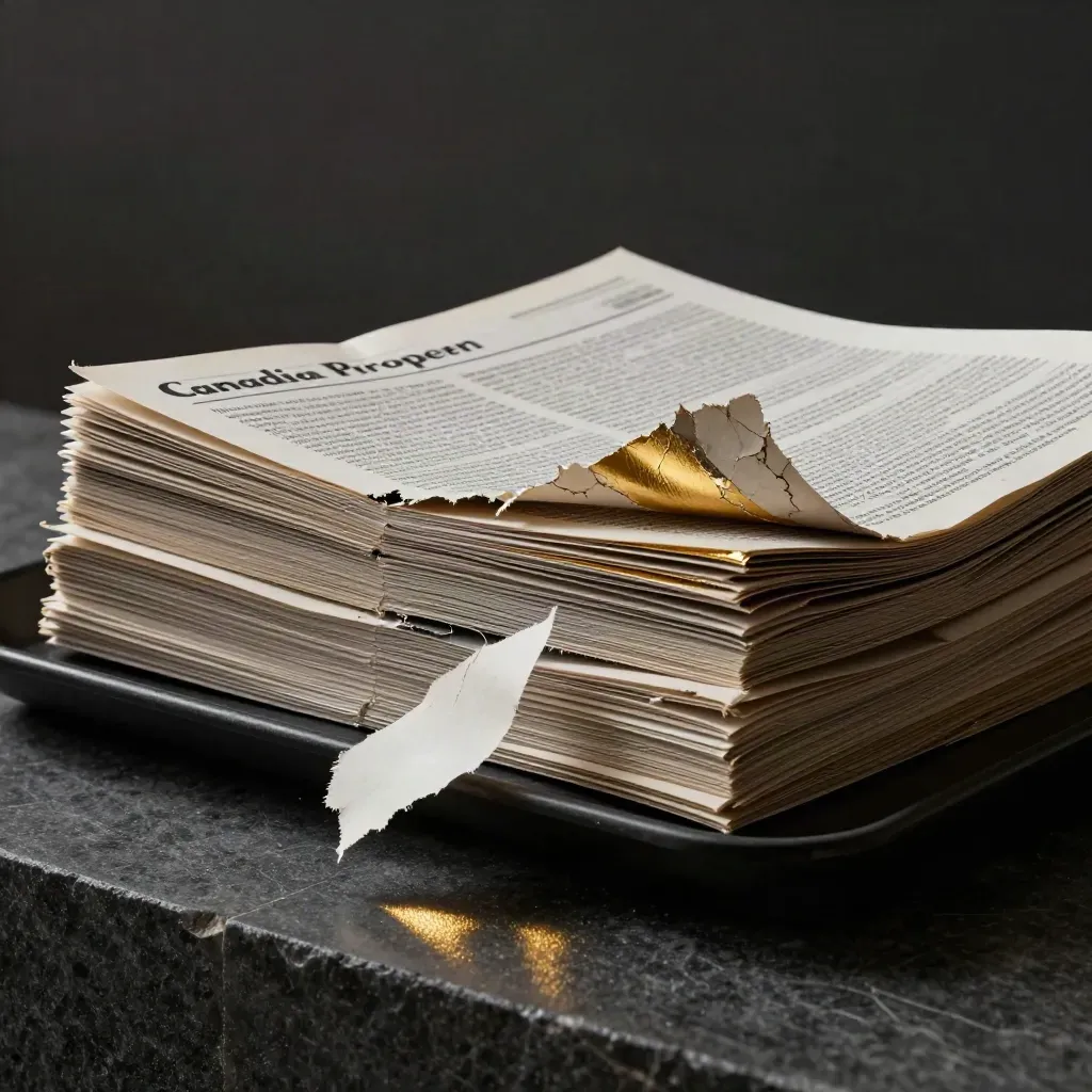 Three blank market briefing wraps burst from a tray under gold rim light.