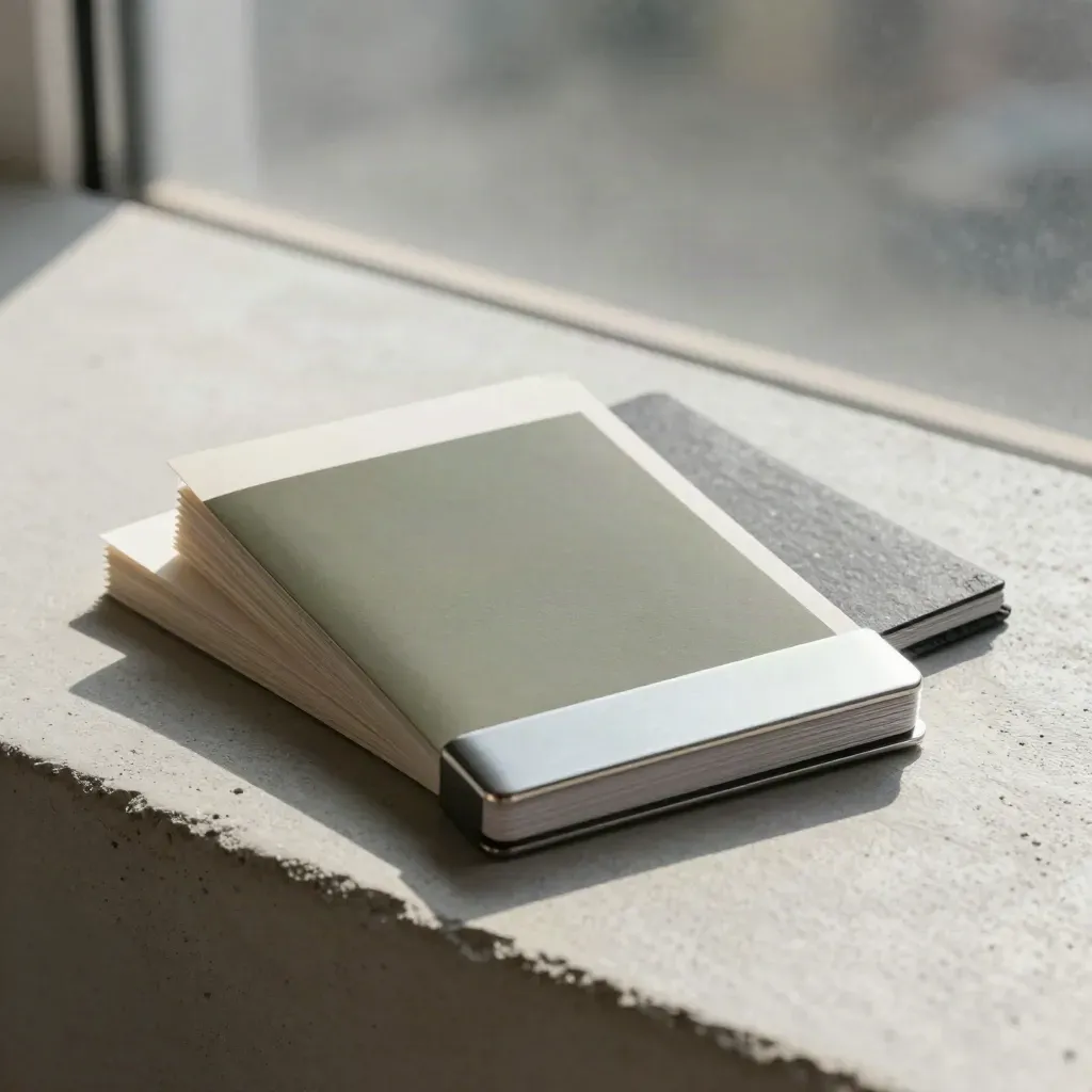 Unbranded finance briefing packet with card stack, metal clip, and timer block on concrete.