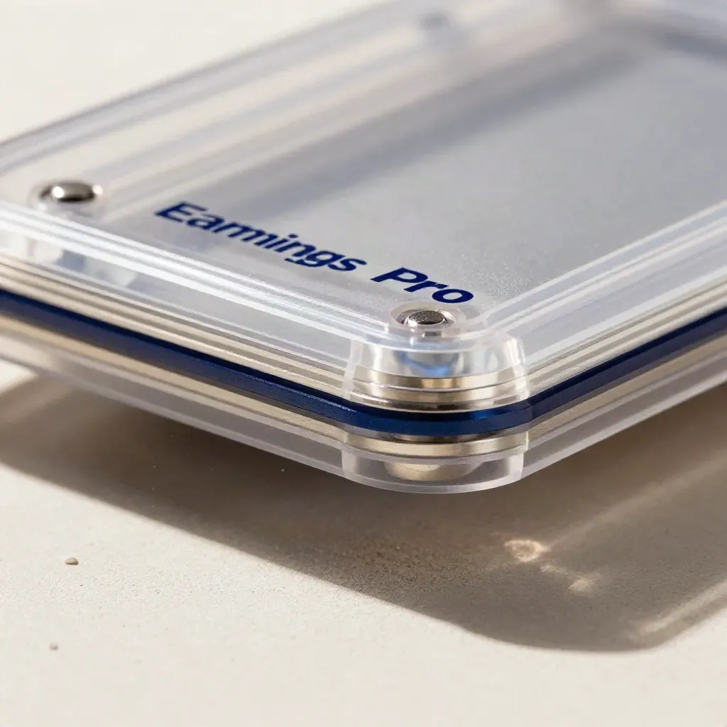 Macro of a translucent folio shell with brushed metal spacer hovering over plaster, lit by raking side light.