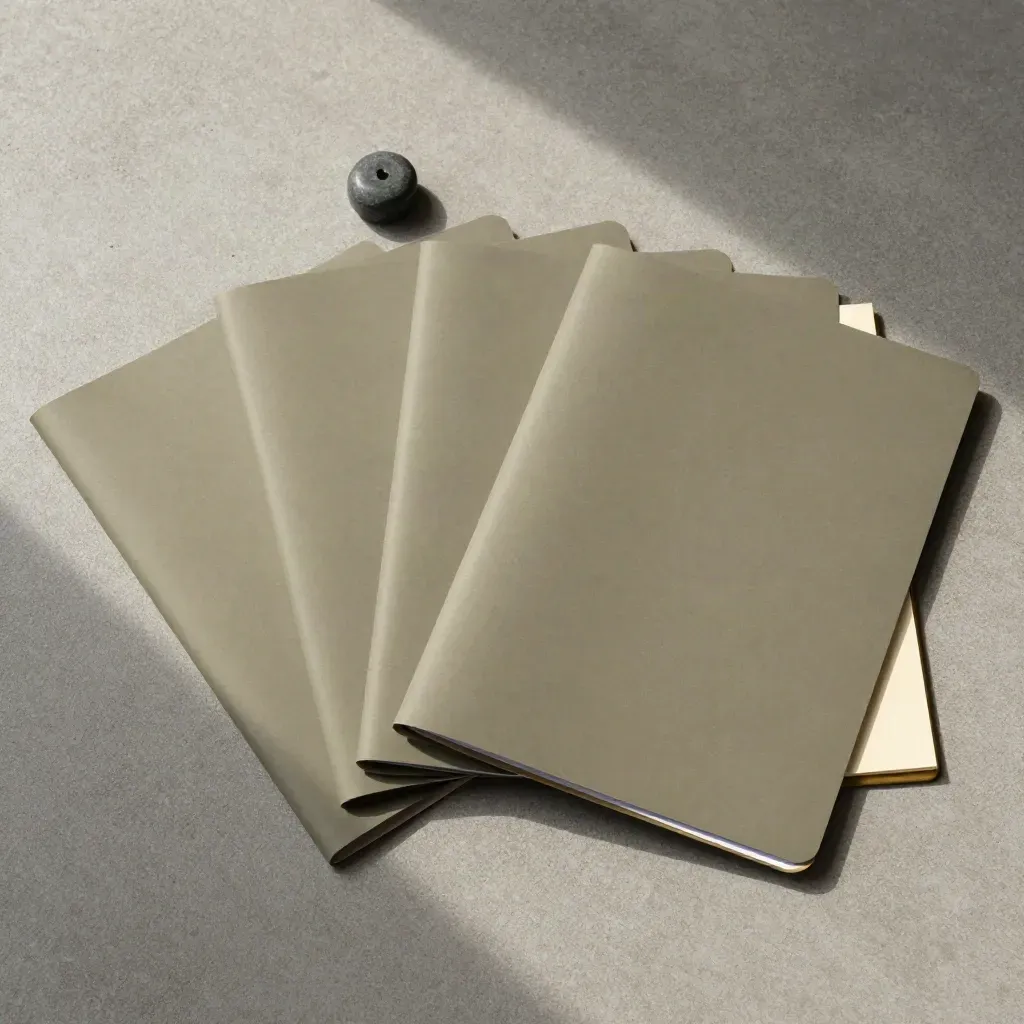 Overhead flatlay of five blank folders, a stone paperweight, and brass-edged briefing sheets on concrete.