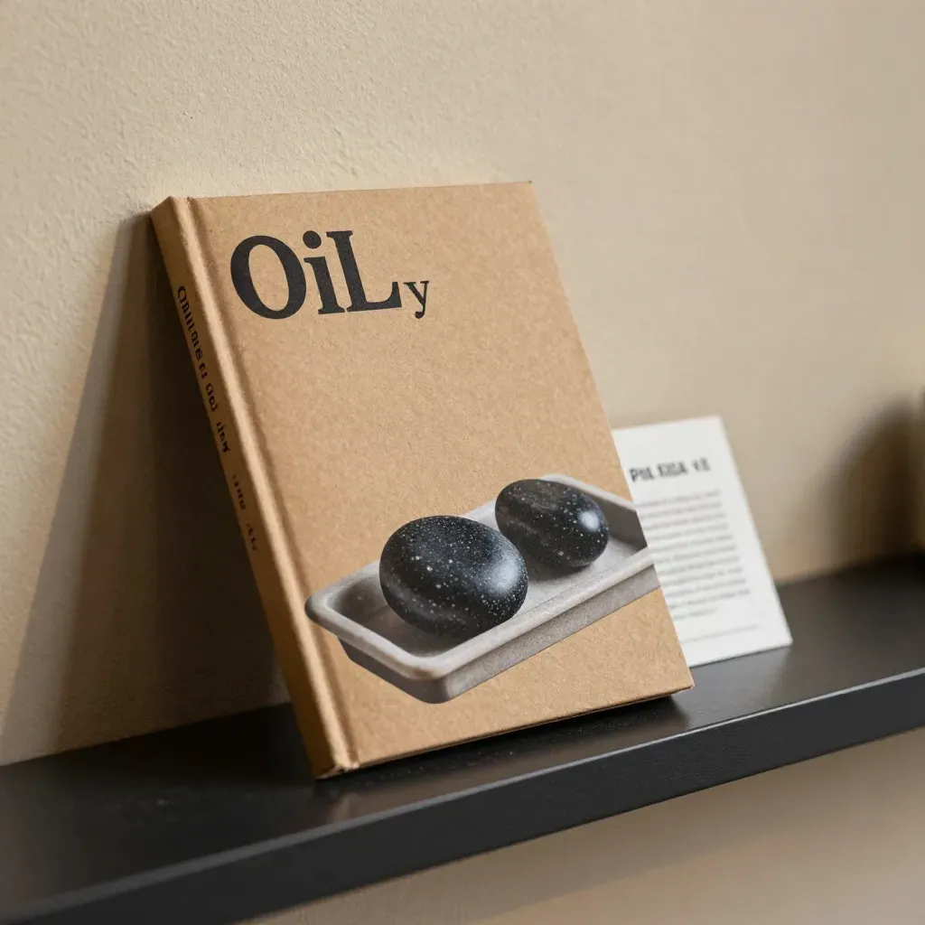 Kraft oil and energy desk packet with mineral tray and dark pebbles against warm plaster.