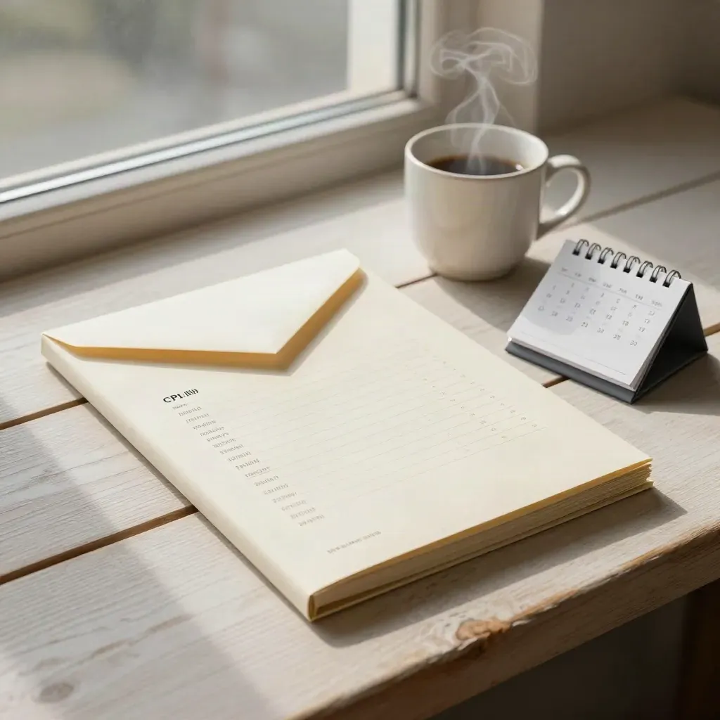 Financial briefing pack with cup, steam, and calendar disc on a pale wood bench