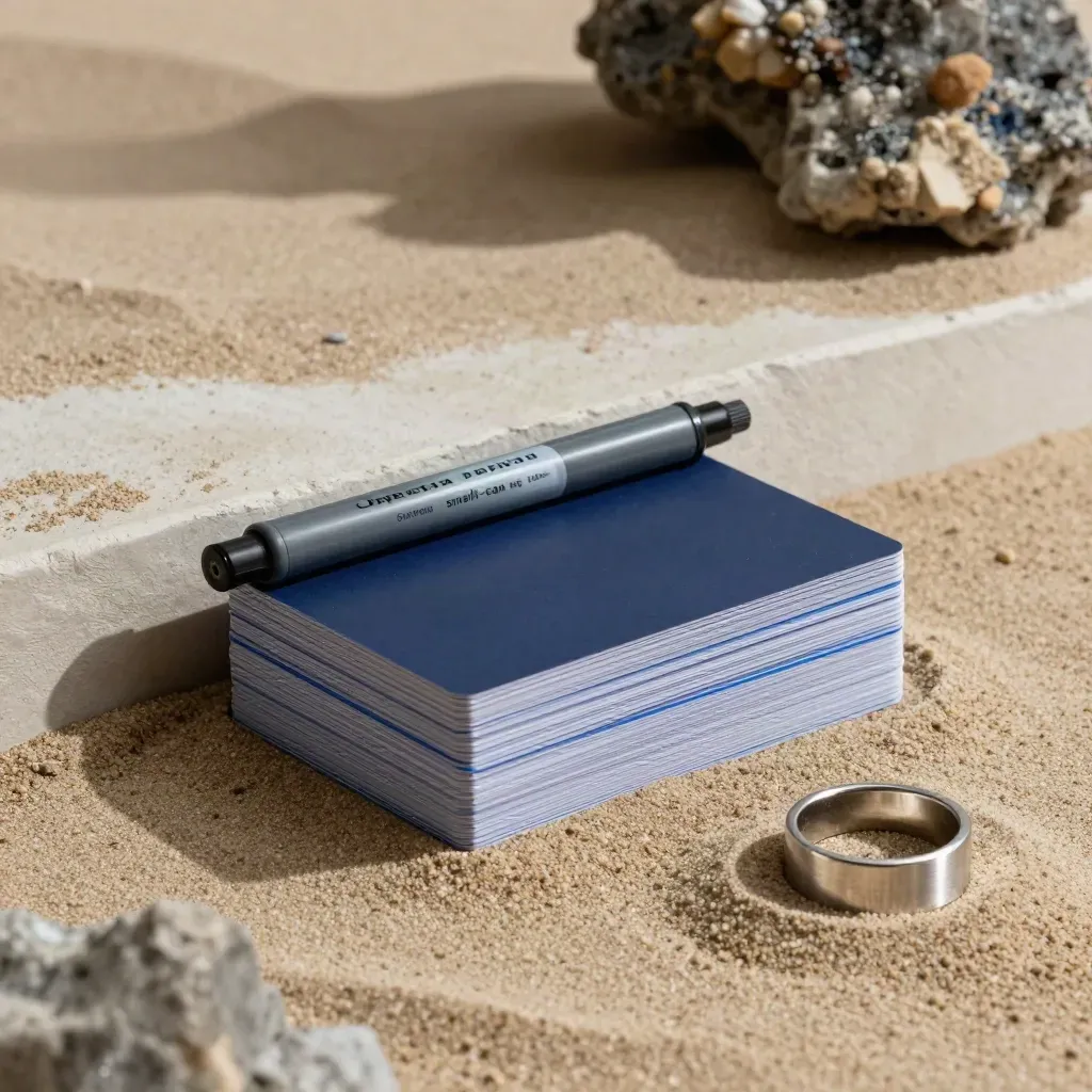Low-angle hero of a small-cap movers packet, clipped marker, and steel ring on dark sand.