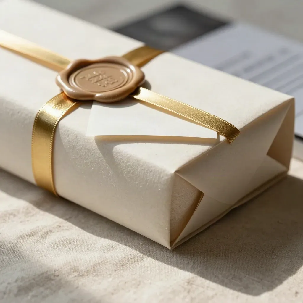 Macro of a paper-wrapped bundle with gold ribbon and wax seal on linen.