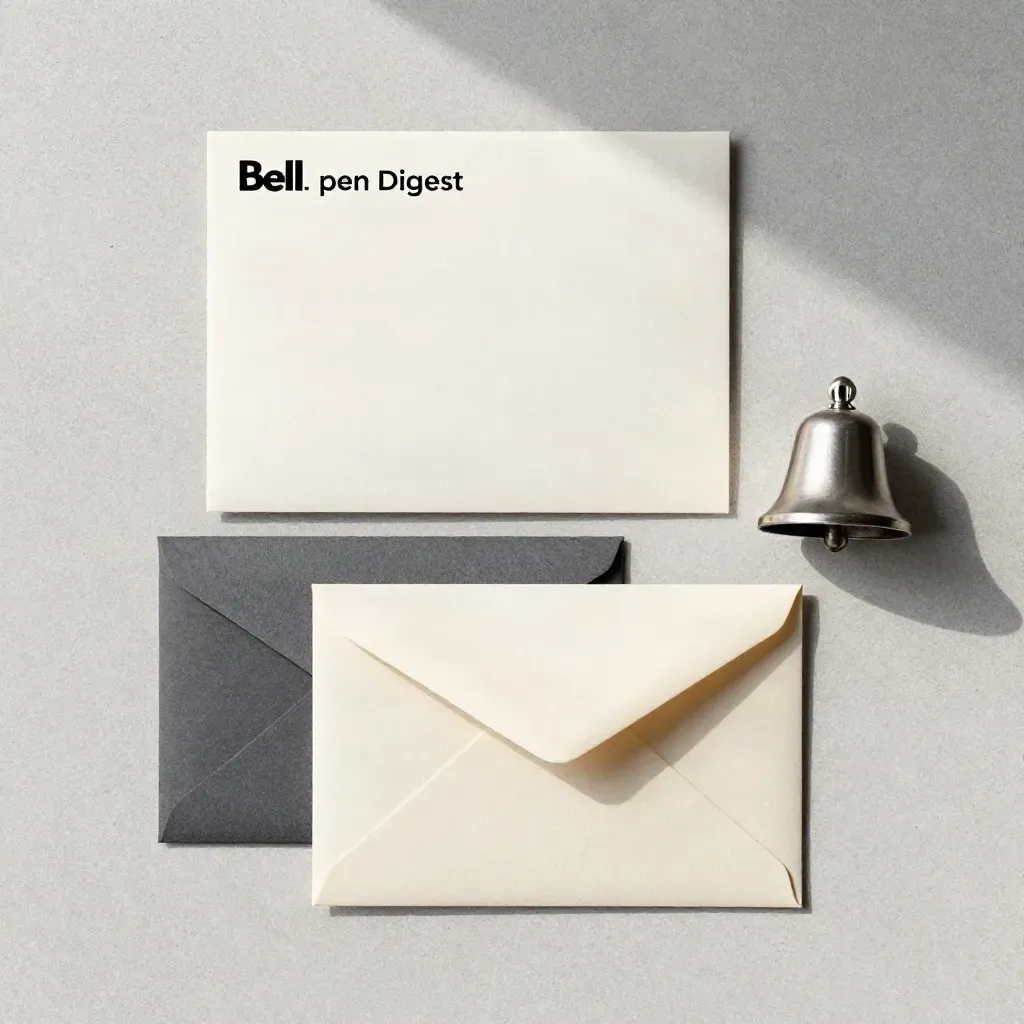 Overhead flatlay of paper packets and a bell-shaped weight on pale concrete