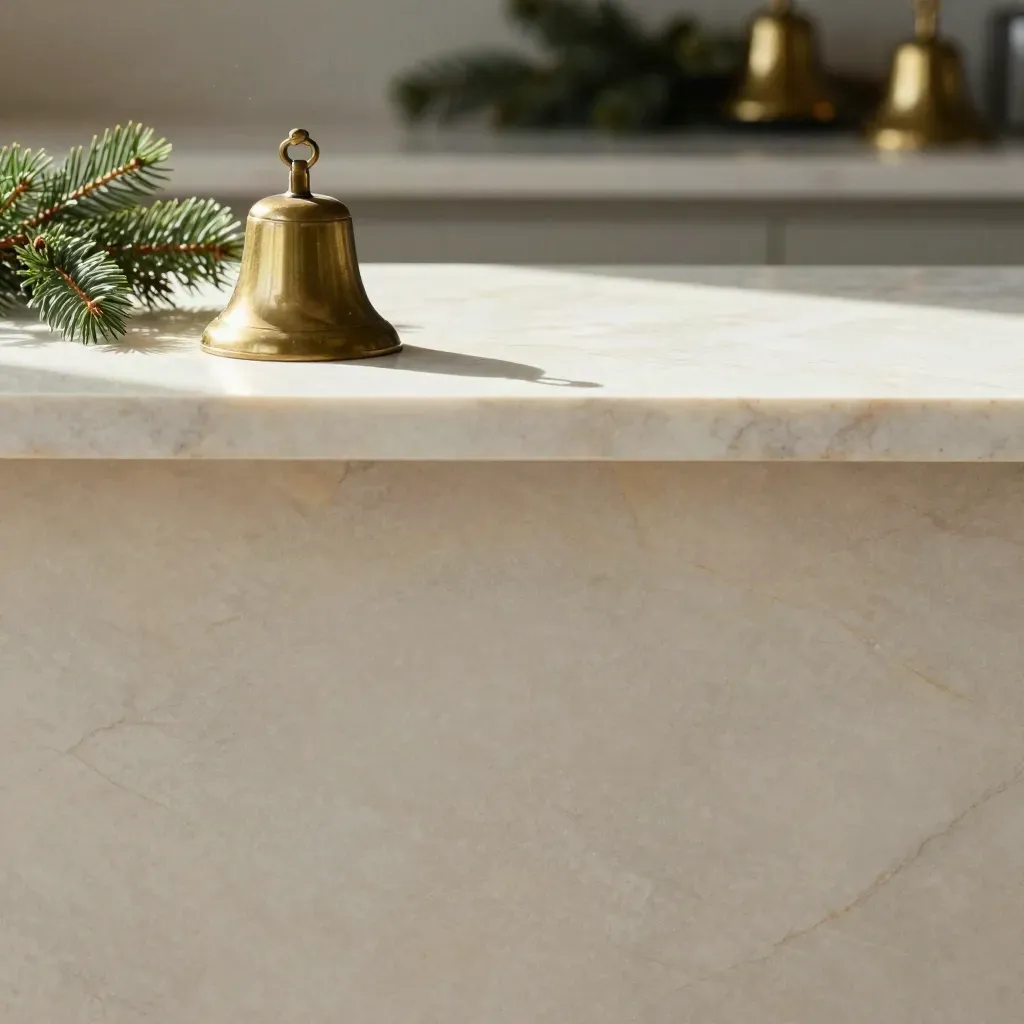 Pale marble counter with a brass bell and evergreen sprig in soft morning light.