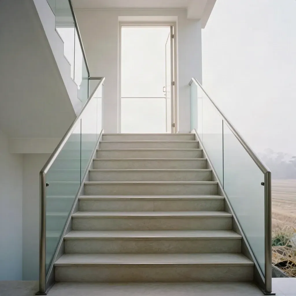 Sunlit stairwell of frosted glass and pale stone, viewed upward through haze